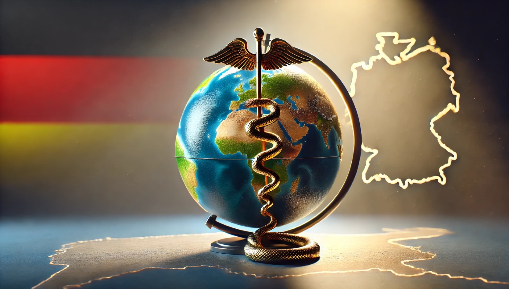 A globe surrounded by the Rod of Asclepius. The outline of a map of Germany in the background. A globe surrounded by the Rod of Asclepius. The outline of a map of Germany in the background.